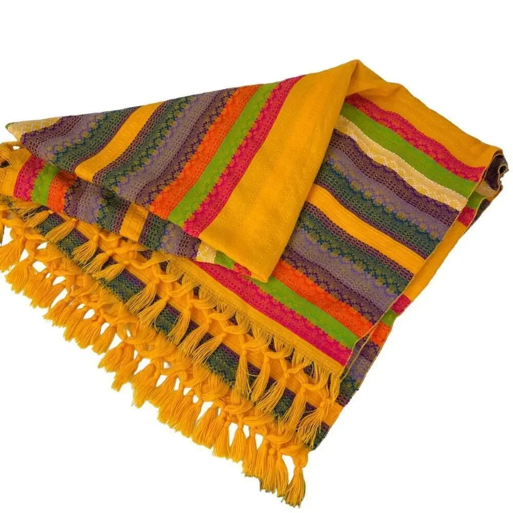 Ethnic Throw Boho Blanket Fringe Tassel Edge Multi Stripe Knit Accent Throw